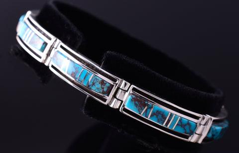 Silver & Turquoise Navajo Inlay Link Bracelet by TSF 3L16D