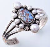 Silver & Golden Hills Turquoise & Pearl Navajo Bracelet by Erick Begay 3H19M