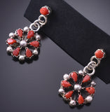 Silver & Coral Zuni Petit Point Inlay Flower Earrings by Polly Piaso 6D22U