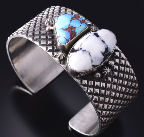 Silver & Golden Hills Turquoise /White Buffalo Navajo Bracelet Erick Begay 5H01D