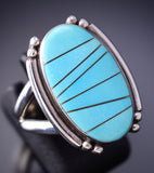 Size 8 Silver & Turquose Navajo Inlay Ring stamped SF 6F17E
