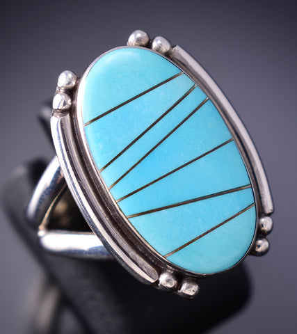 Size 8 Silver & Turquose Navajo Inlay Ring stamped SF 6F17E