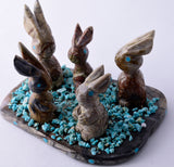 Picasso Marble Zuni Fetish - 5 rabbits with Turquoise by Stafford Chimoni 5L09