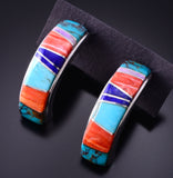 Silver & Turquoise Multistone Navajo Inlay Half Hoop Earrings by TSF 3L13J