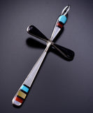 Silver & Turquoise Multistone Zuni Inlay Cross Pendant By Sylvester Noche - 6J31X