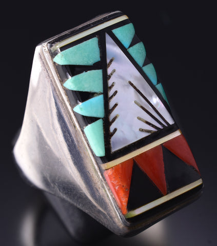 Size 14-1/4 Vintage Silver & Turquoise Multistone Zuni Inlay Ring 6A03R