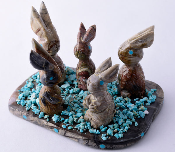 Picasso Marble Zuni Fetish - 5 rabbits with Turquoise by Stafford Chimoni 5L09