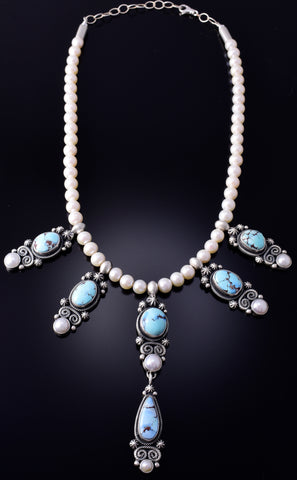 Silver & Golden Hills Turquoise Fresh Pearl Navajo Necklace by Erick Begay 5H03X