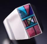Size 13-1/4 Silver & Turquoise Multistone Navajo Inlay Mens Ring Jimmy Harrison 6F22H