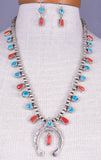 Navajo Silver & Turquoise Coral Modern Squash Blossom Necklace by Tricia Smith 5L23J