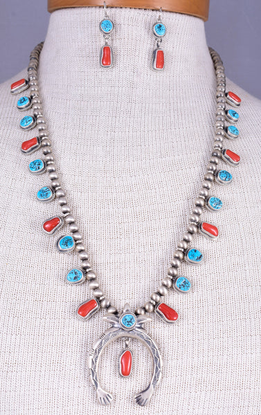 Navajo Silver & Turquoise Coral Modern Squash Blossom Necklace by Tricia Smith 5L23J