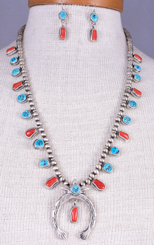 Navajo Silver & Turquoise Coral Modern Squash Blossom Necklace by Tricia Smith 5L23J