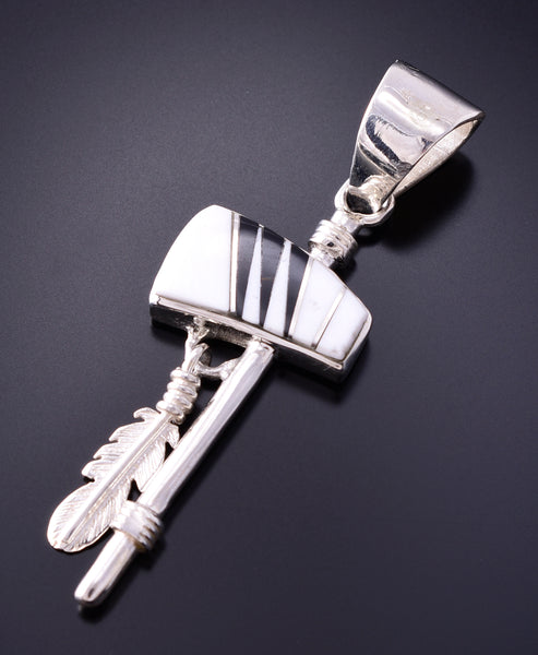 Silver & White Buffalo Turquoise Navajo Inlay Tomahawk Pendant by TSF 3L08W