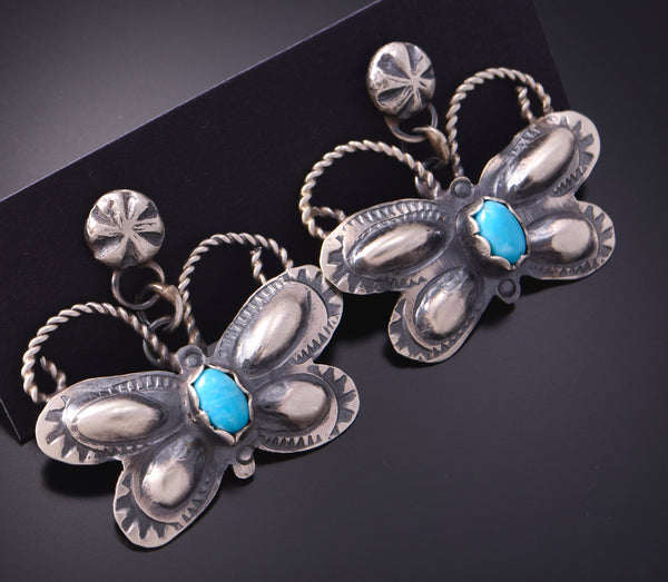 Silver & Turquoise Navajo Handmade Butterfly Earrings by Tim Yazzie 3B10L