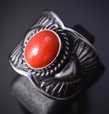 Size 9-3/4 Silver & Mediterranean Coral Navajo Ring by Derrick Gordon 5H21N