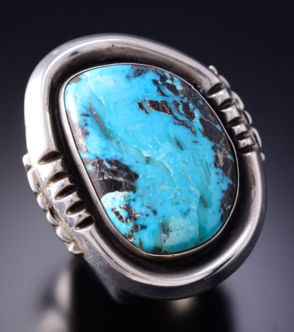 Vintage Size 10-1/2 Silver & Turquoise Navajo Handmade Round Ring 6D28P