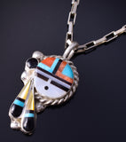 Silver & Turquoise Multistone Zuni Inlay Sunface Pendant Geraldine Lonjose 5F10N