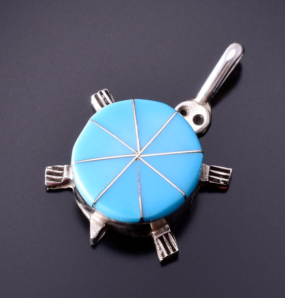 Silver & Turquoise Zuni Inlay Turtle Pendant by Johnson Laweka 4E27P