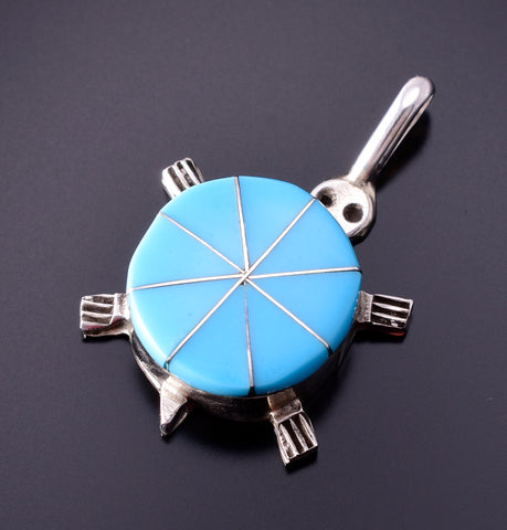Silver & Turquoise Zuni Inlay Turtle Pendant by Johnson Laweka 4E27P