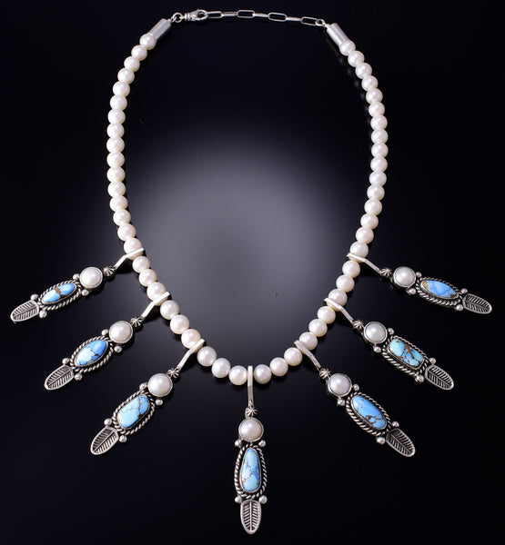 7 Stone Golden Hills Turquoise and Freshwater Pearls Necklace by Erick Begay 6H17K