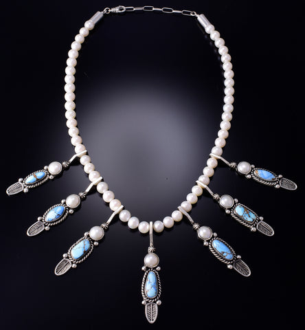 7 Stone Golden Hills Turquoise and Freshwater Pearls Necklace by Erick Begay 6H17K