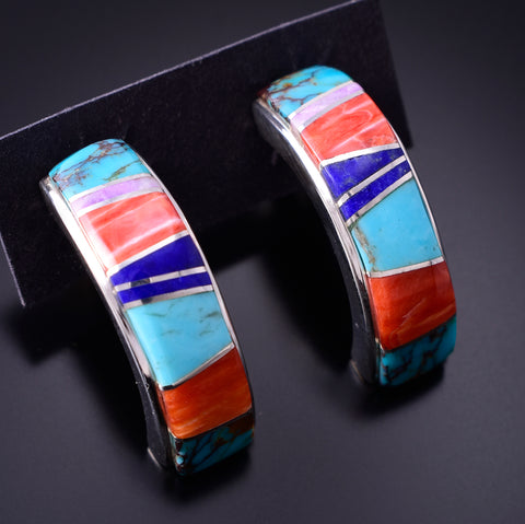 Silver & Turquoise Multistone Navajo Inlay Half Hoop Earrings by TSF 3L13J