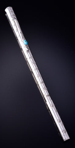 Silver & Turquoise Navajo Handmade Stamped Pen Sleeve 5D07M