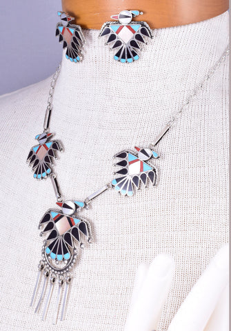 Zuni Inlay Thunderbird 3 piece Silver Necklace Set by Adrian Wallace 5L23D