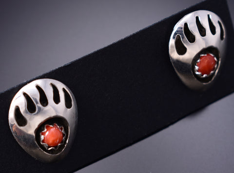 Silver & Coral Navajo Handmade Bear Claw Earrings by Cynthia John 6D22N