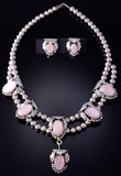 Vintage Silver & Pink Mother of Pearl w/ Feathers Necklace & Earring Set 5D07Z