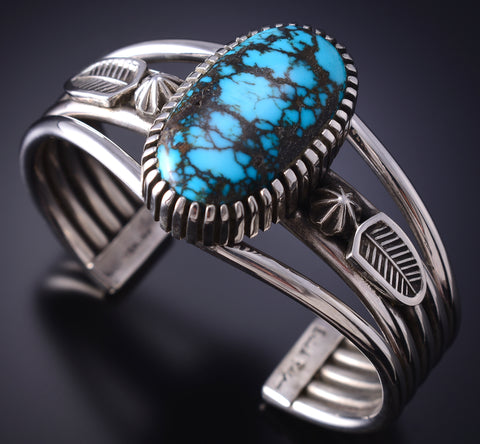 Silver & Hubei Turquoise Navajo Eagle Feathers Bracelet by Erick Begay 6H15B