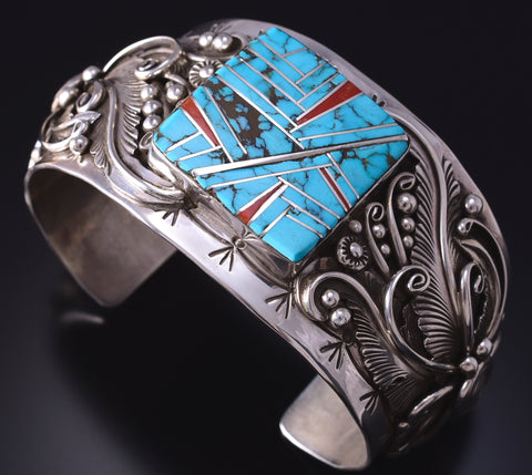 Silver & Turquoise w/ Coral Accents Navajo Inlay Bracelet by Mark Yazzie 5J18X