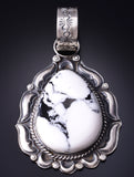 Silver & White Buffalo Turquoise Navajo Round Pendant by Tillie Jon 5L13D