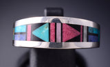 Size 13-1/2 Silver & Turquoise Multistone Navajo Inlay Mens Ring Jimmy Harrison 6F22G