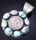 Silver & Golden Hills Turquoise Coin Navajo Pendant by Boyd J. Ashley 5L17K