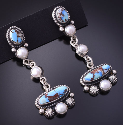 Silver & Golden Hills Turquoise w/ Fresh Pearl Navajo Earrings Erick Begay 4C01D