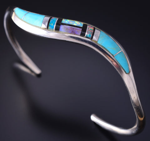 Silver & Turquoise Mutistone Navajo Inlay Flow Bracelet 5F04E