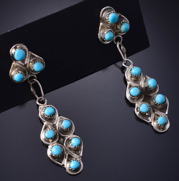 Silver & Turquoise Zuni Petit Point Dangle Earrings by Waylon Johnson 5G16V