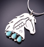 Silver & Turquoise Navajo Handmade Feather Horse Pendant by Robert Vandever 3G03U