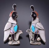 Vintage Silver & Turquoise Multistone Zuni Inlay Quail Family Earrings 3K09H