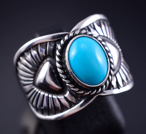 Size 8 Silver & Turquoise Navajo Handmade Ring by Derrick Gordon 5K10Y