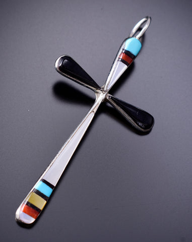 Silver & Turquoise Multistone Zuni Inlay Cross Pendant By Sylvester Noche - 6J31X