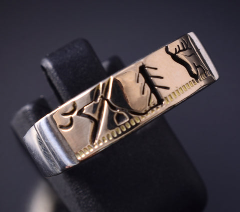 Preowned Size 9-3/4 Silver & 14k Gold Tee Pee & Elk Navajo Ring 5E06T