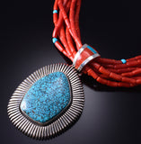 Silver & Kingman Turquoise w/ Coral Navajo Handmade Necklace Erick Begay 6C02Y