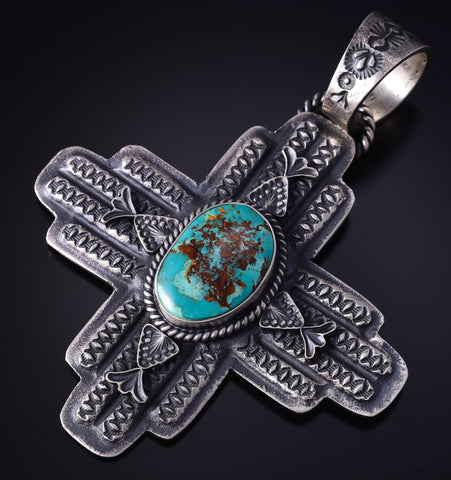 Silver & Turquoise Navajo Handmade Zia Design Pendant by Kevin Billah 5J18F