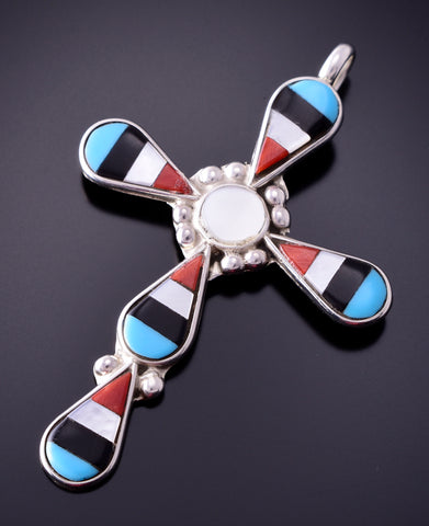 Silver & Turquoise Multistone Zuni Inlay Cross Pendant by Florencia Lucio 4E27T