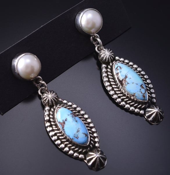 Silver & Golden Hills Turquoise Fresh Pearl Navajo Earrings - Erick Begay 6F28H