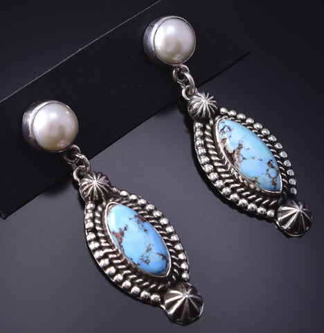 Silver & Golden Hills Turquoise Fresh Pearl Navajo Earrings - Erick Begay 6F28H