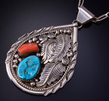 Silver & Turquoise w/ Coral Eagle Feathers Navajo Pendant Julia Etsitty 5J18Z
