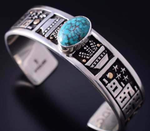 Silver & 14k Gold w/ Turquoise Santo Domingo Life Bracelet by Joseph Coriz 5F04A